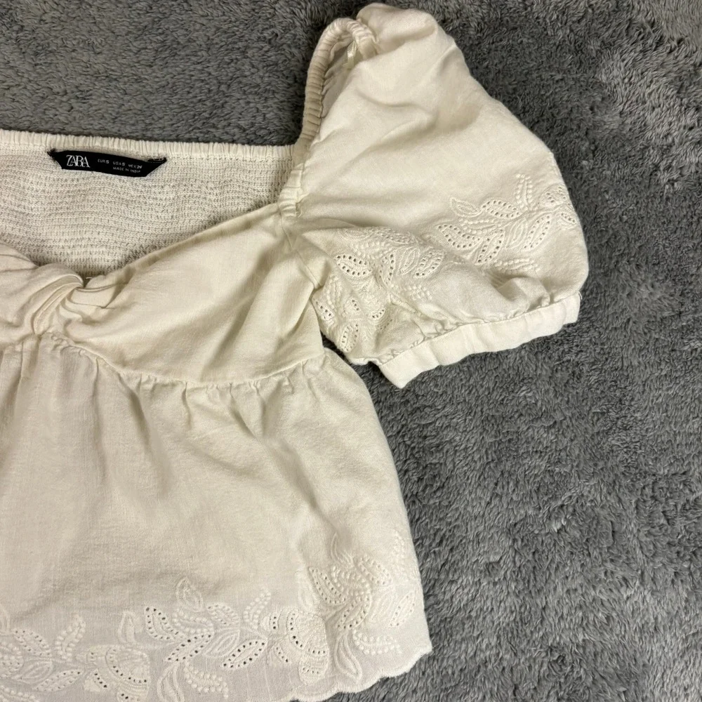 Zara White Eyelet Embroidered Linen Blend Puff Sleeve Crop Top Small